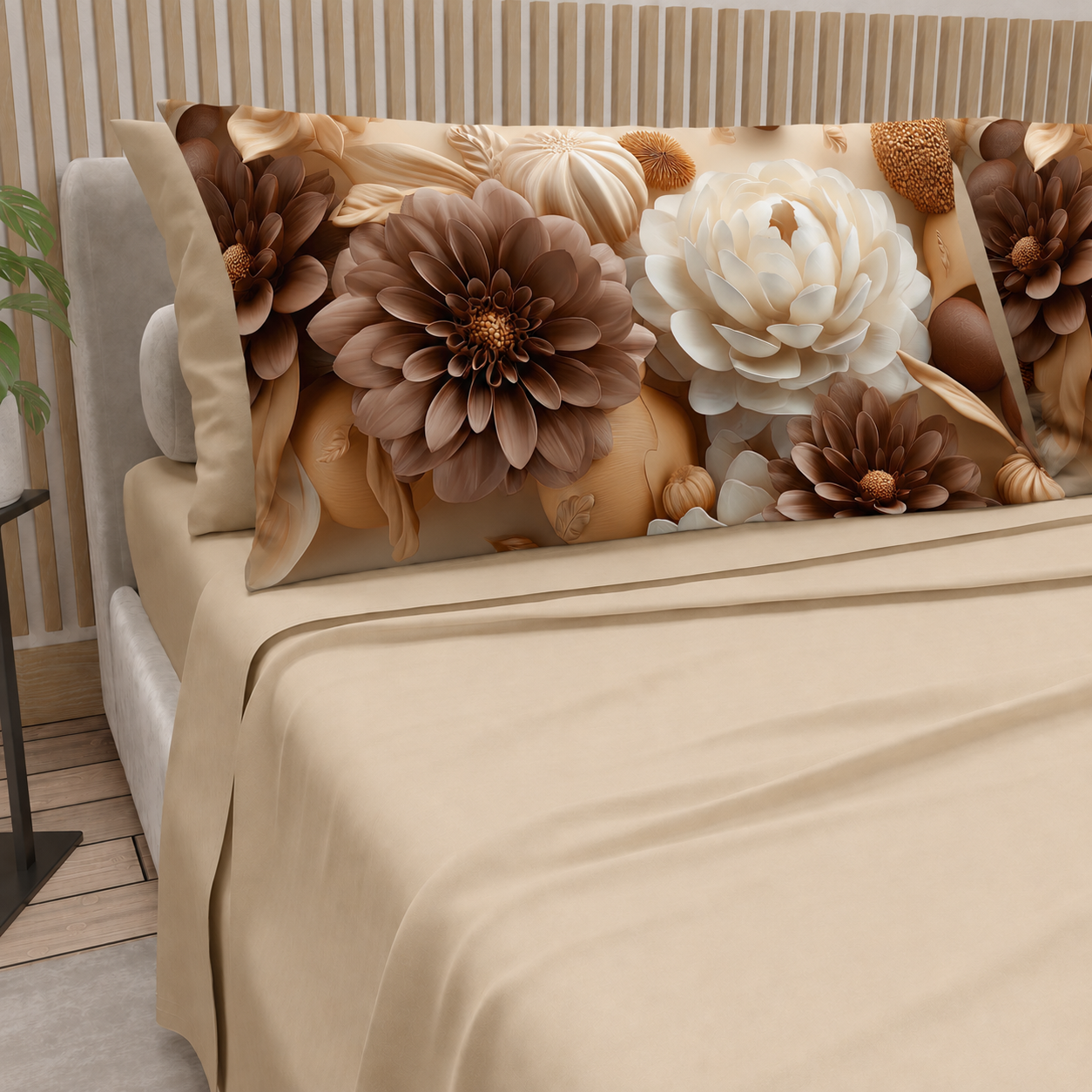 Lenzuola in Cotone, Completo Letto con Federe in Stampa Digitale Petalo 10 Beige.