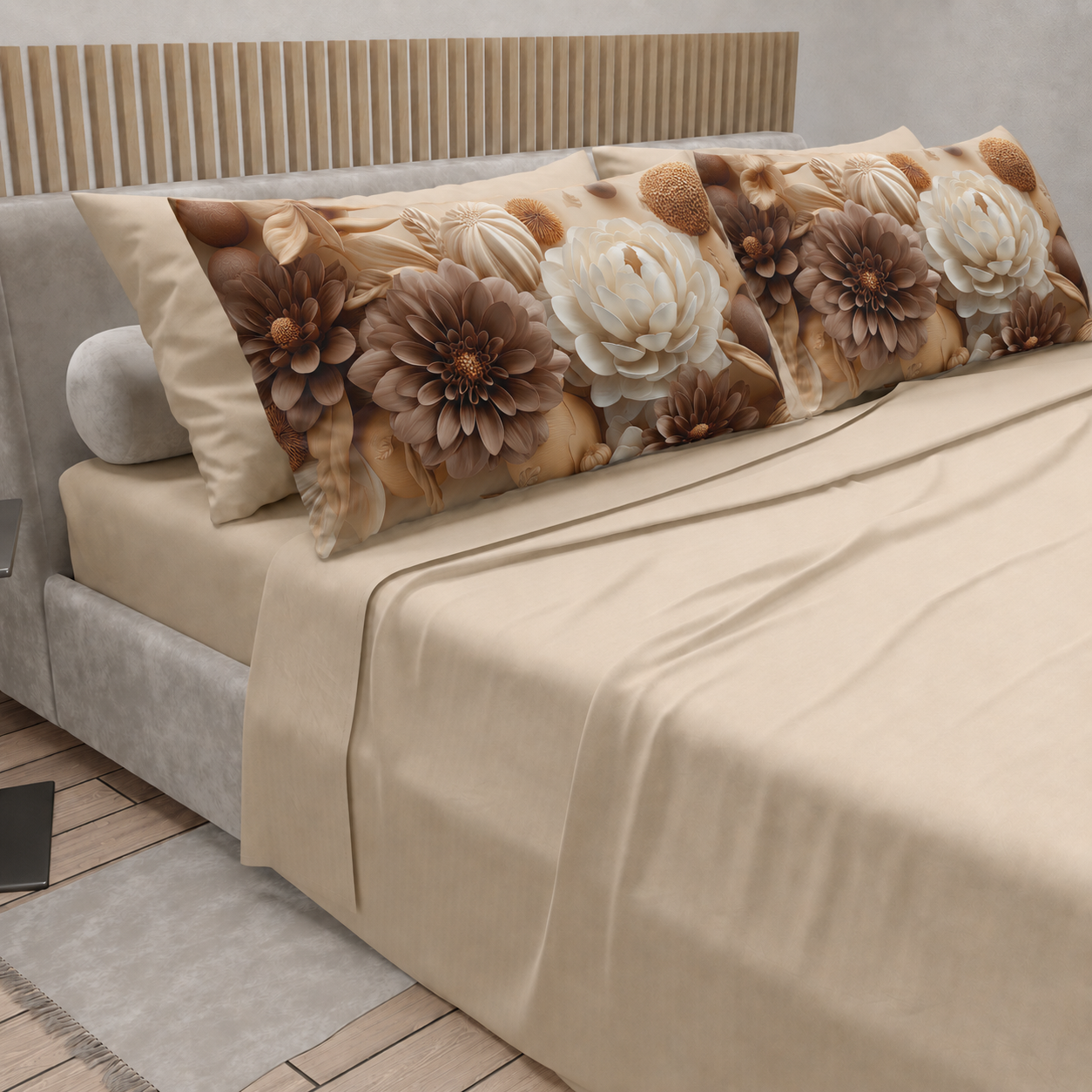 Lenzuola in Cotone, Completo Letto con Federe in Stampa Digitale Petalo 10 Beige.