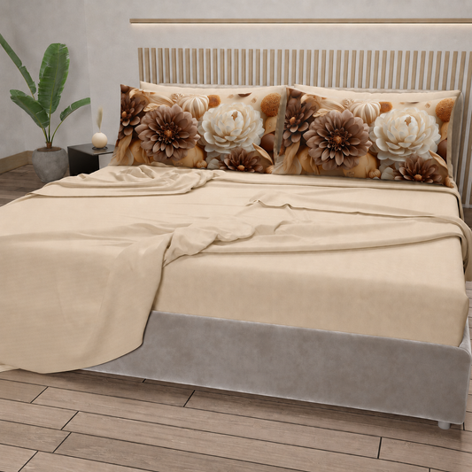 Lenzuola in Cotone, Completo Letto con Federe in Stampa Digitale Petalo 10 Beige.