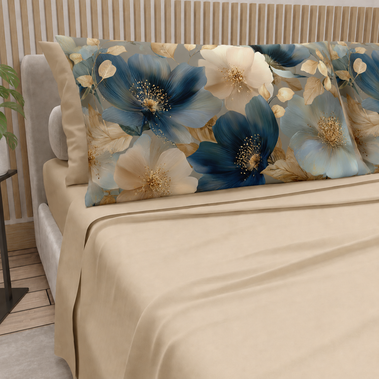 Lenzuola in Cotone, Completo Letto con Federe in Stampa Digitale Petalo 12 Beige.