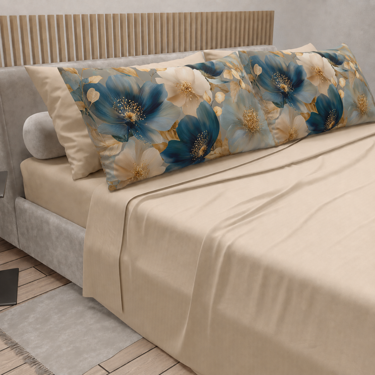 Lenzuola in Cotone, Completo Letto con Federe in Stampa Digitale Petalo 12 Beige.