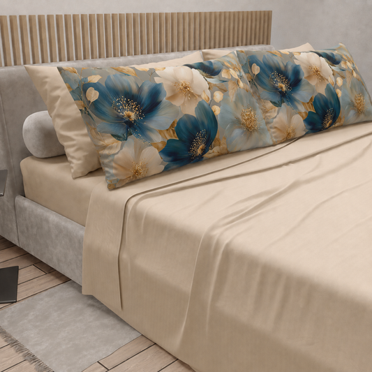 Lenzuola in Cotone, Completo Letto con Federe in Stampa Digitale Petalo 12 Beige.