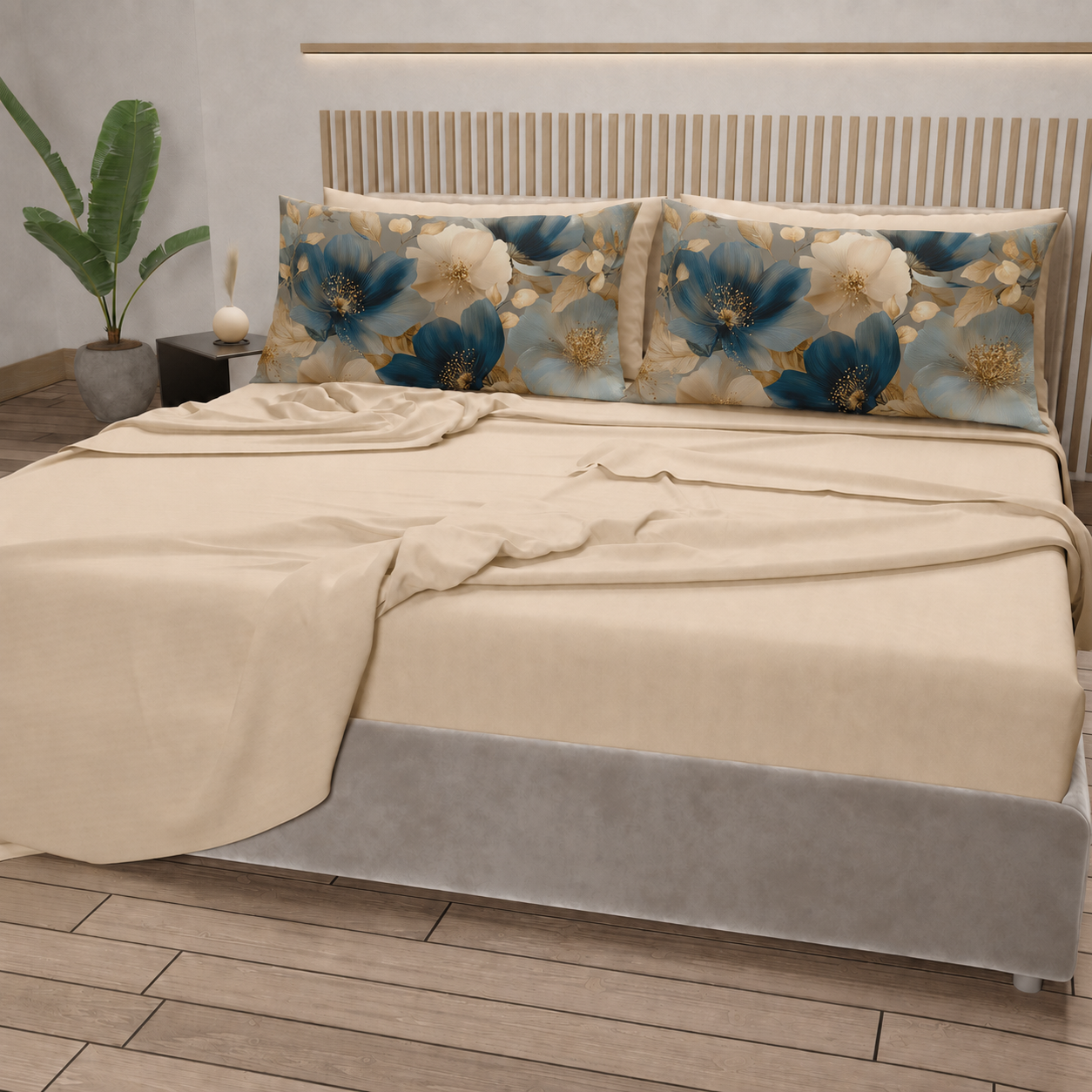 Lenzuola in Cotone, Completo Letto con Federe in Stampa Digitale Petalo 12 Beige.