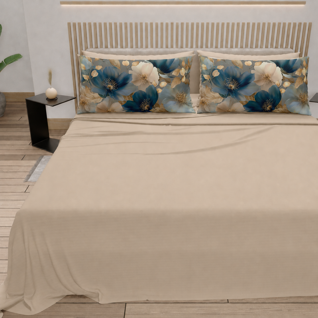 Lenzuola in Cotone, Completo Letto con Federe in Stampa Digitale Petalo 12 Beige.