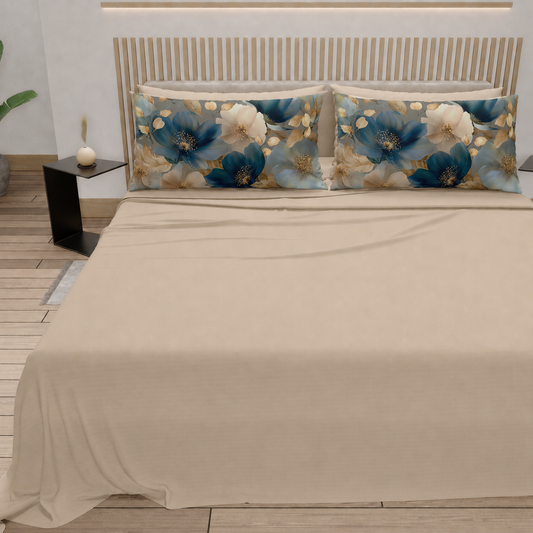 Lenzuola in Cotone, Completo Letto con Federe in Stampa Digitale Petalo 12 Beige.