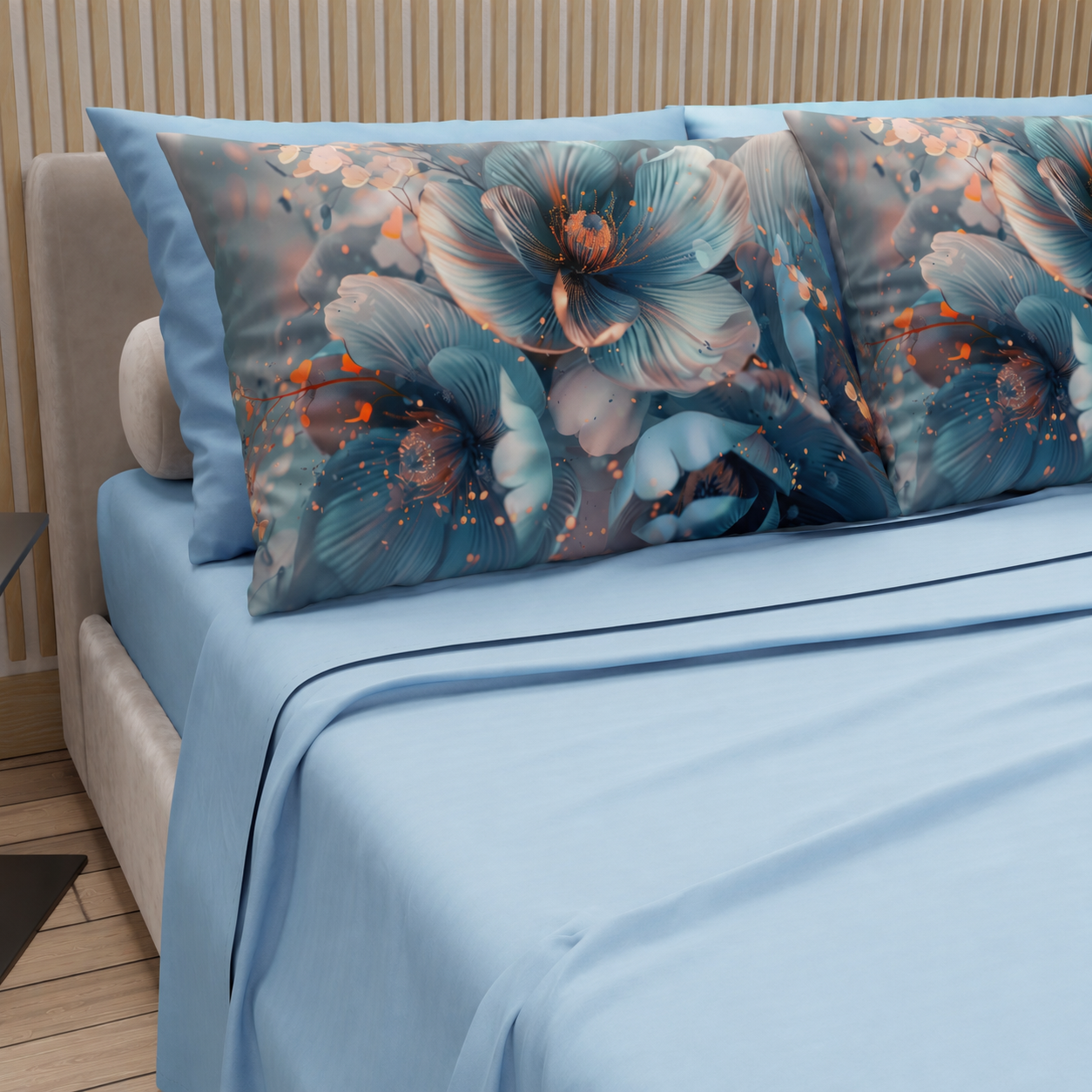 Lenzuola in Cotone, Completo Letto con Federe in Stampa Digitale Petalo 21 Celeste.