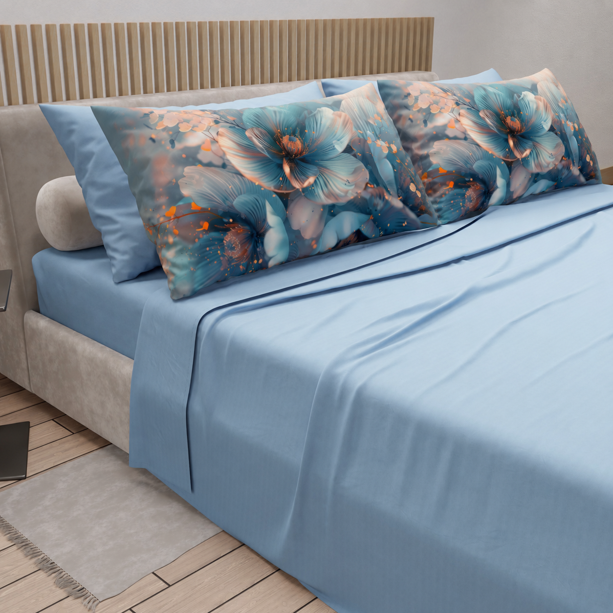 Lenzuola in Cotone, Completo Letto con Federe in Stampa Digitale Petalo 21 Celeste.