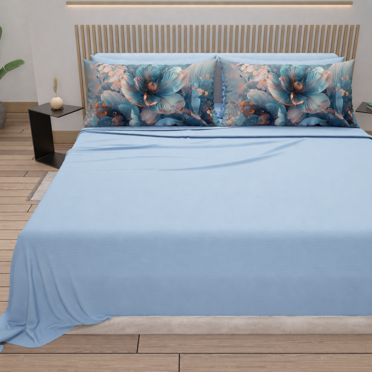 Lenzuola in Cotone, Completo Letto con Federe in Stampa Digitale Petalo 21 Celeste.