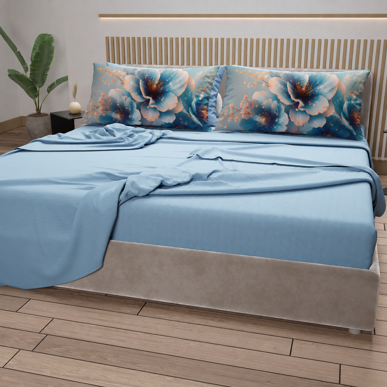 Lenzuola in Cotone, Completo Letto con Federe in Stampa Digitale Petalo 21 Celeste.