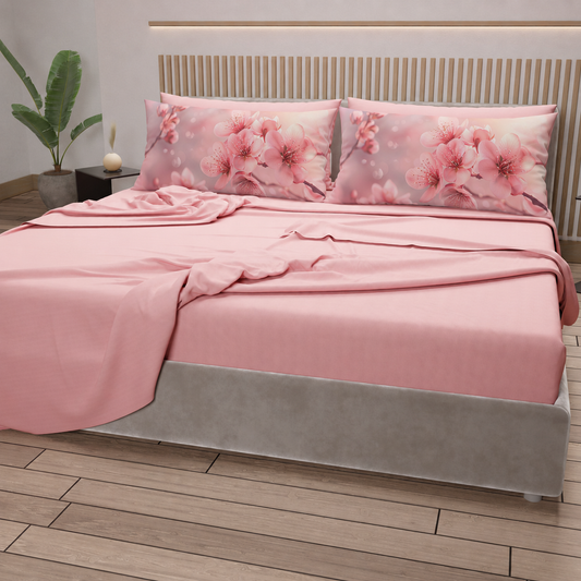 Lenzuola in Cotone, Completo Letto con Federe in Stampa Digitale Petalo 23 Rosa