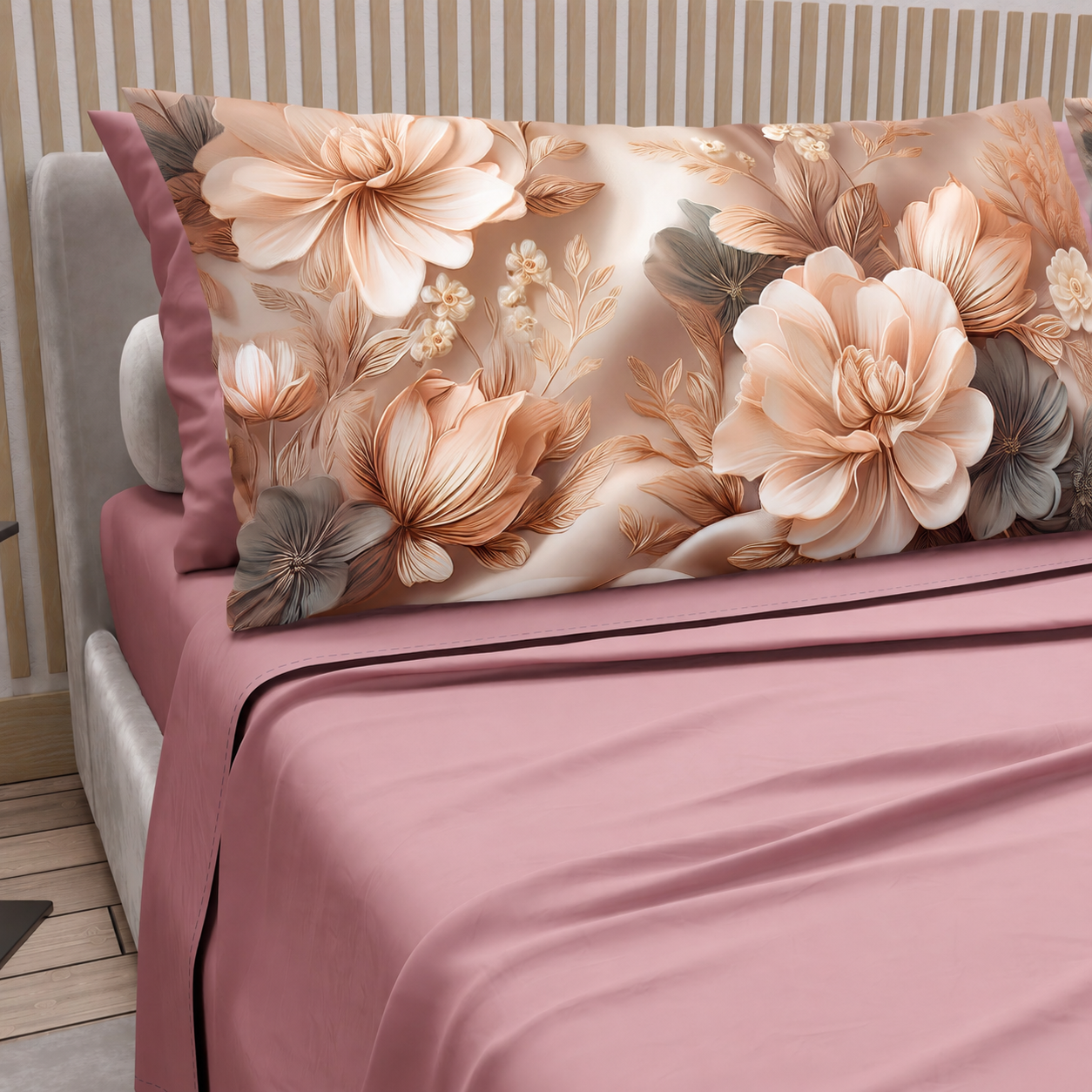 Lenzuola in Cotone, Completo Letto con Federe in Stampa Digitale Petalo 25 Cipria Scuro