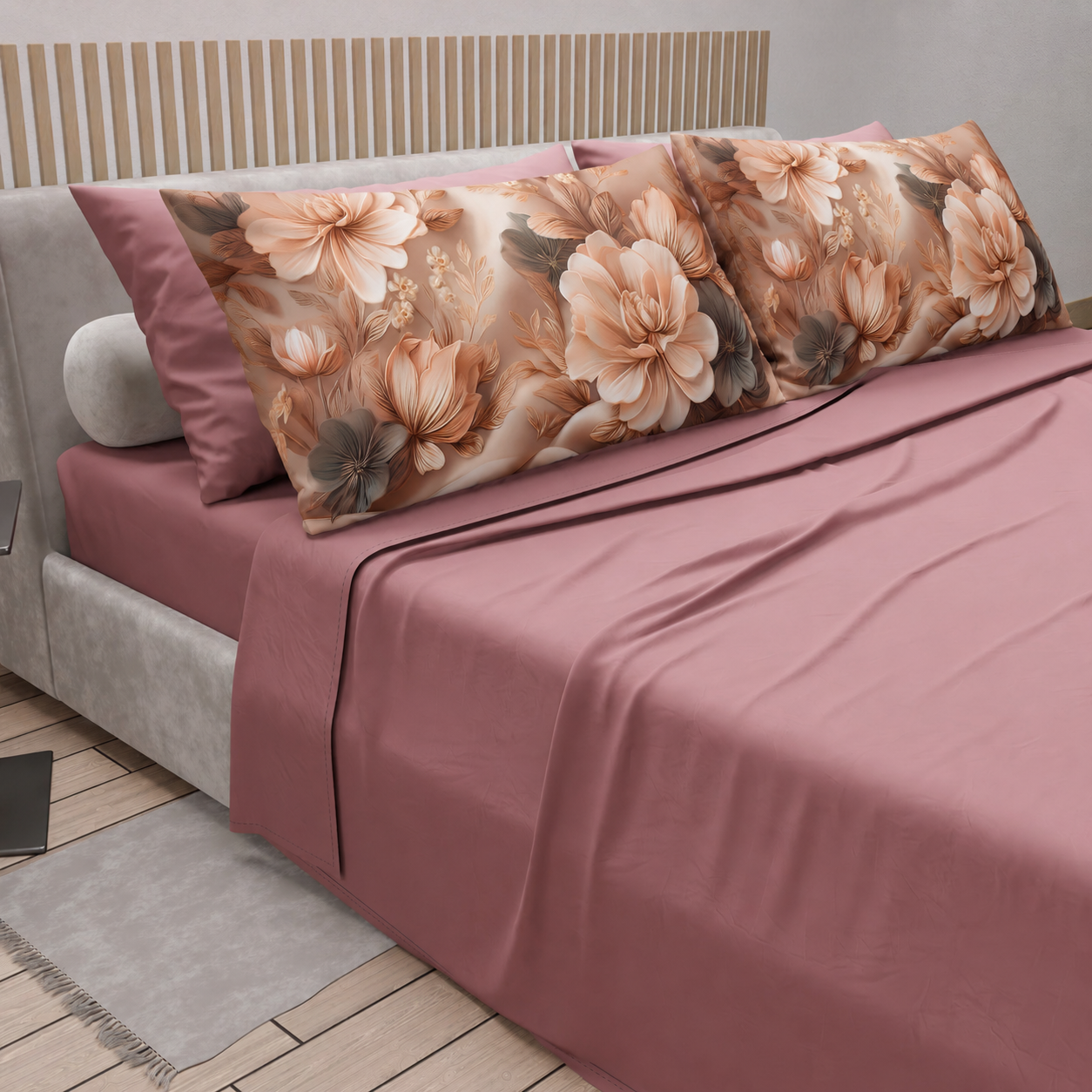 Lenzuola in Cotone, Completo Letto con Federe in Stampa Digitale Petalo 25 Cipria Scuro