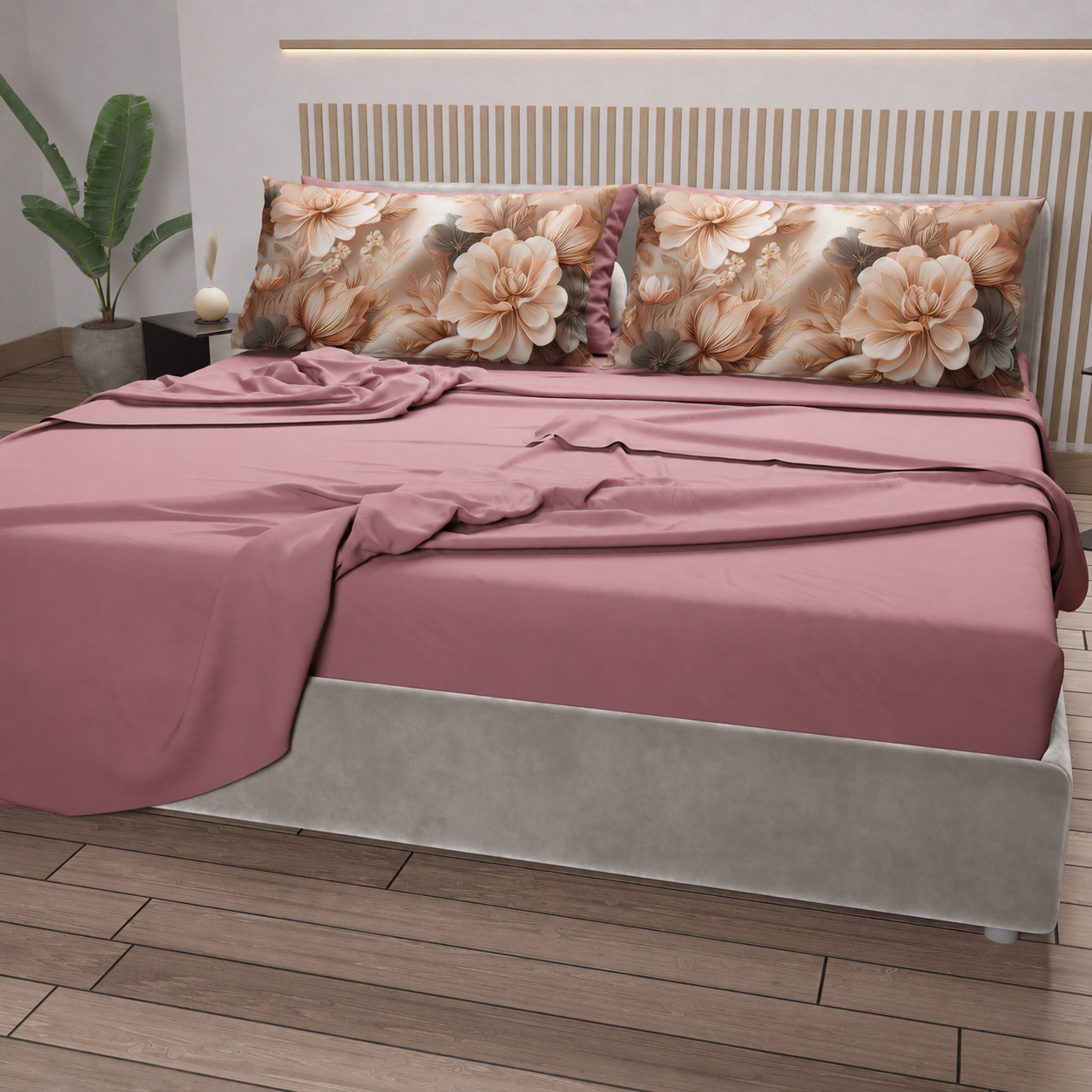 Lenzuola in Cotone, Completo Letto con Federe in Stampa Digitale Petalo 25 Cipria Scuro