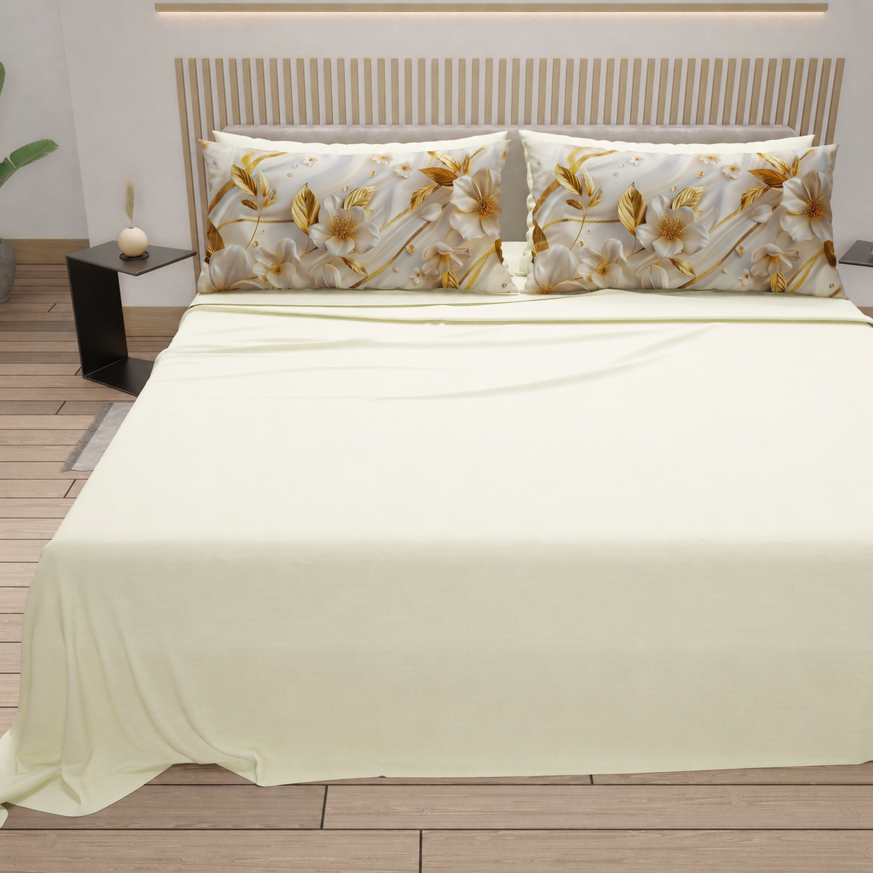 Lenzuola in Cotone, Completo Letto con Federe in Stampa Digitale Petalo 22 Panna