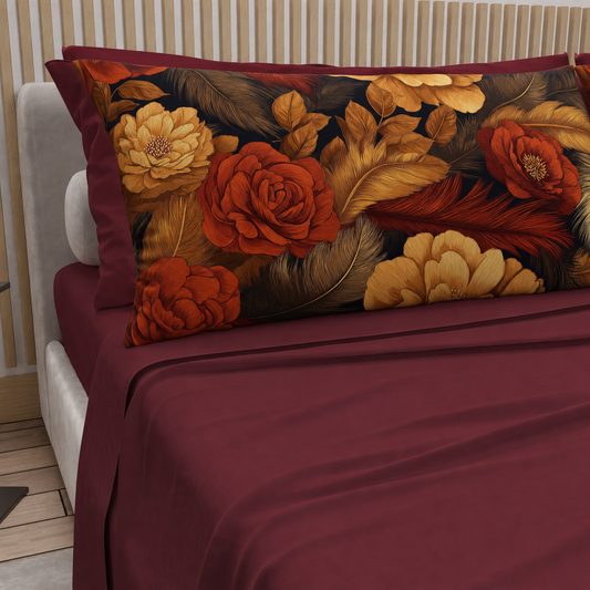Lenzuola in Cotone, Completo Letto con Federe in Stampa Digitale Autunno 12 Bordeaux