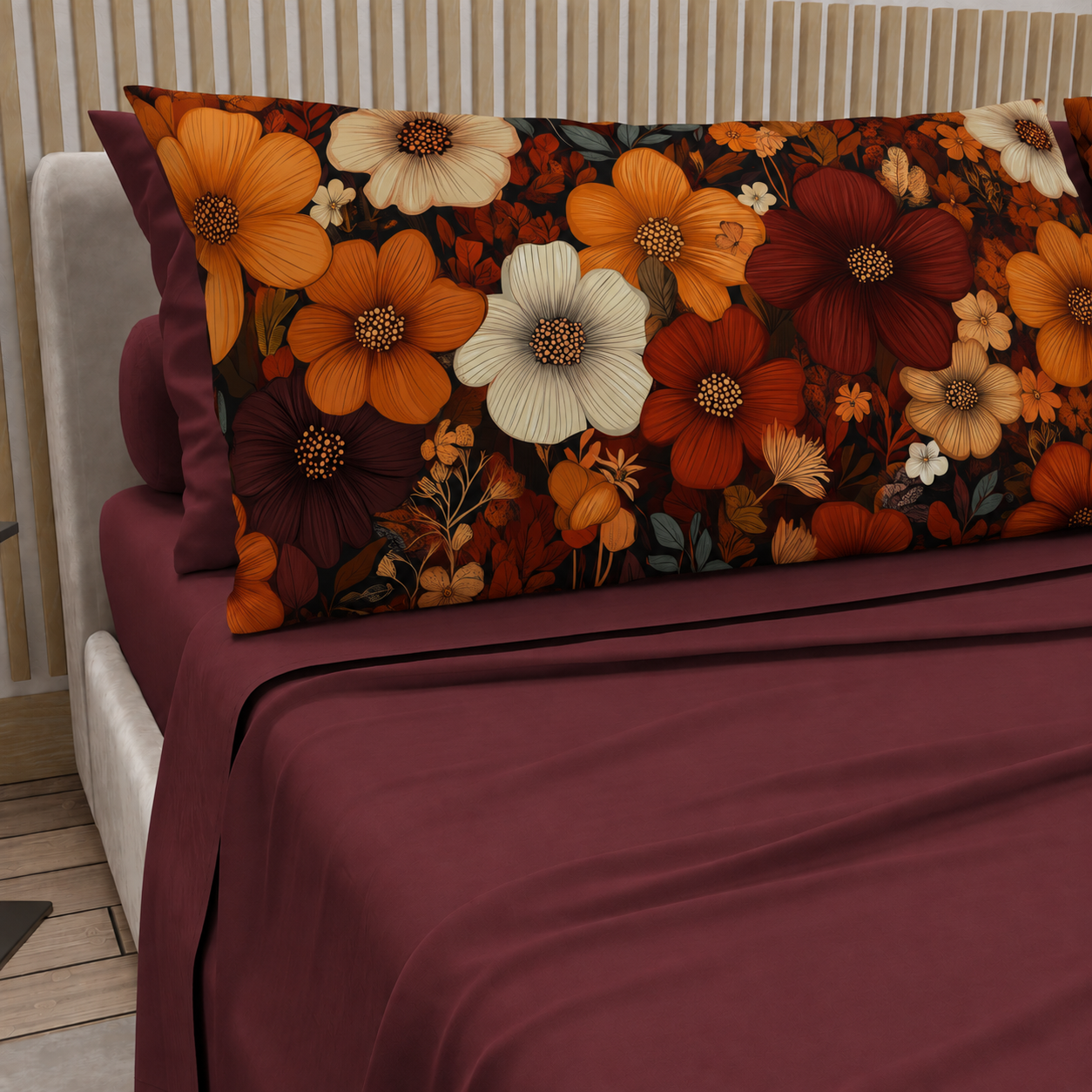 Lenzuola in Cotone, Completo Letto con Federe in Stampa Digitale Autunno 10 Bordeaux
