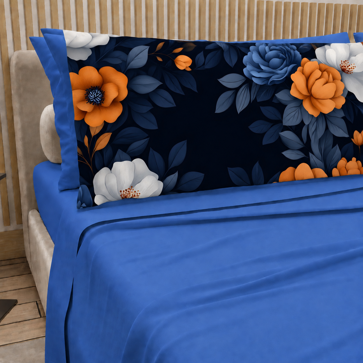 Lenzuola in Cotone, Completo Letto con Federe in Stampa Digitale Autunno 04 Blu Elettrico