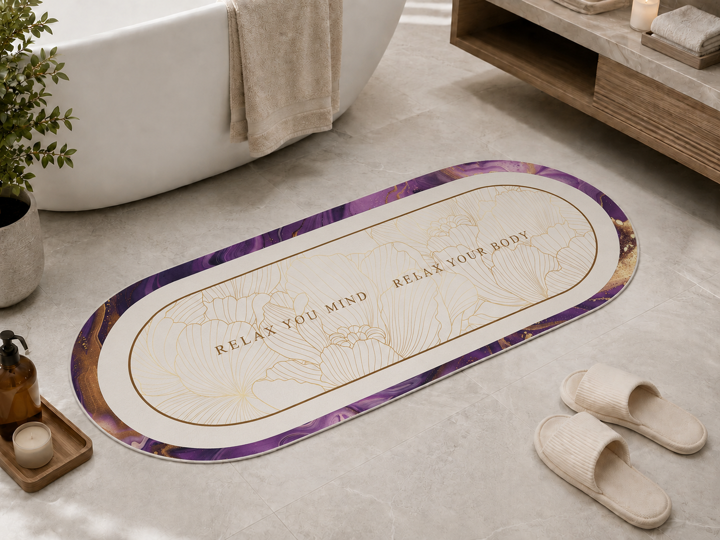 Tappeto Bagno Stampa Digitale Forma Ovale Stone Viola.