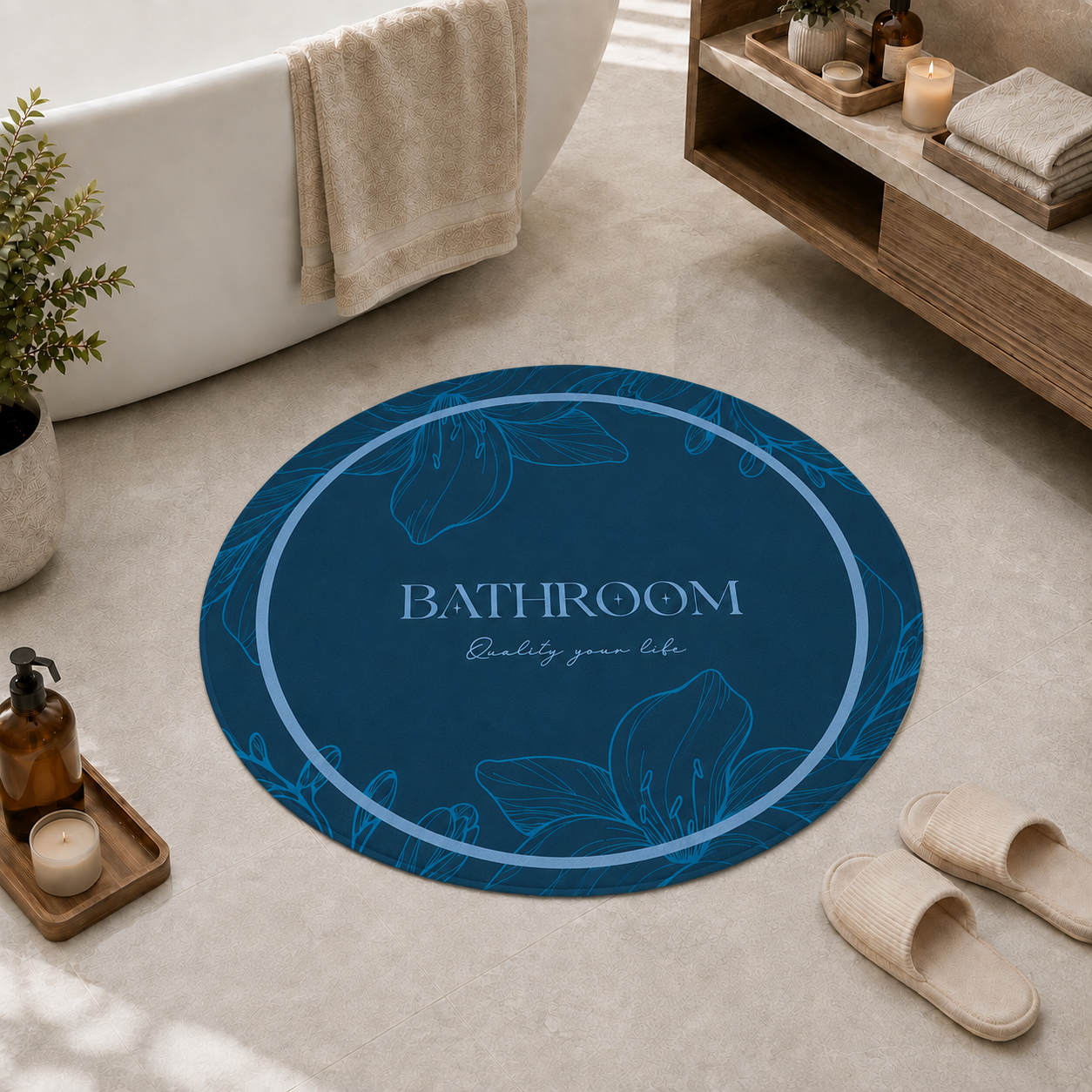 Tappeto Bagno Stampa Digitale Forma Ovale Clean Blu
