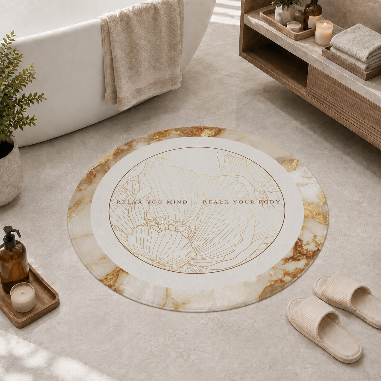 Tappeto Bagno Stampa Digitale Forma Ovale Stone Oro