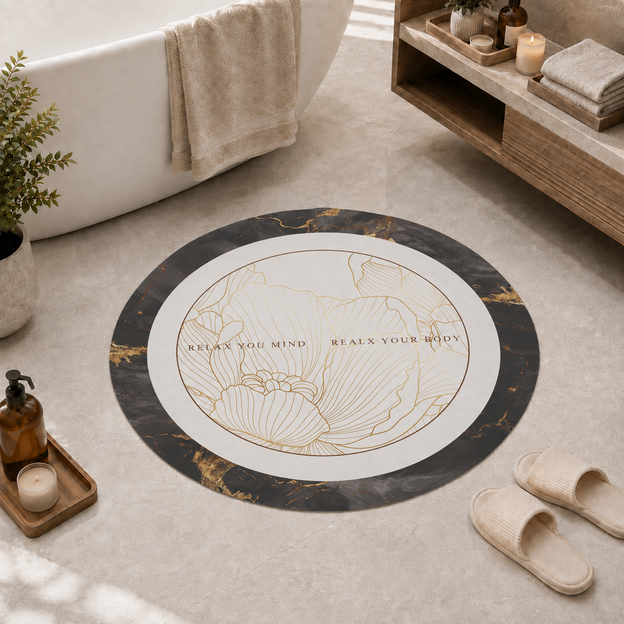 Tappeto Bagno Stampa Digitale Forma Ovale Stone Nero