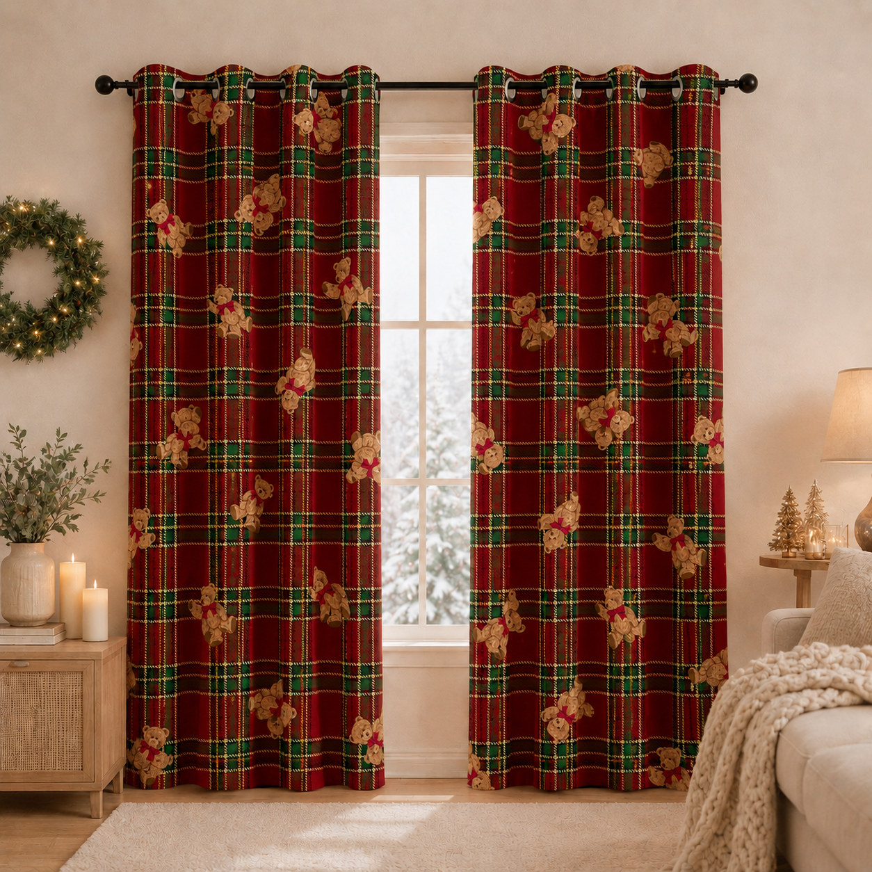 Tenda Arredo da Interno a Pannelli con Anelli Orsetto Tartan