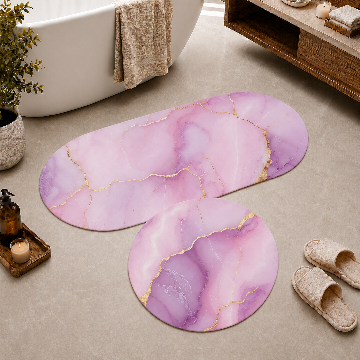 Tappeto Bagno Stampa Digitale Forma Ovale Quarz Rosa