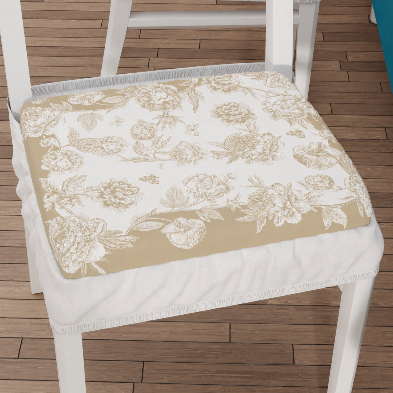 Cuscini per Sedie con Elastico Coprisedia in Stampa Digitale Peonie Beige.