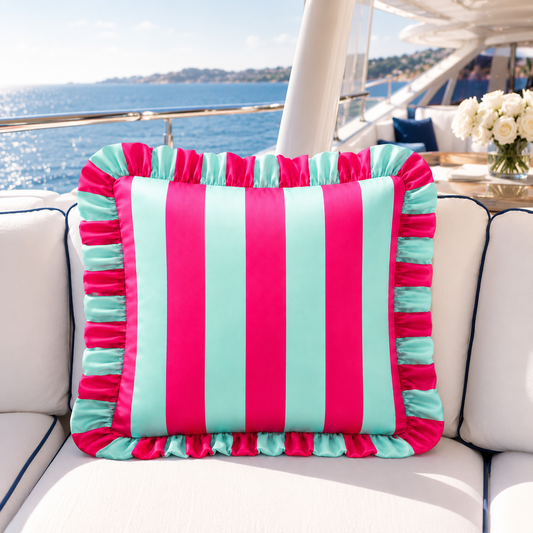Cuscino Arredo con Rouches Righe Fucsia/Celeste.