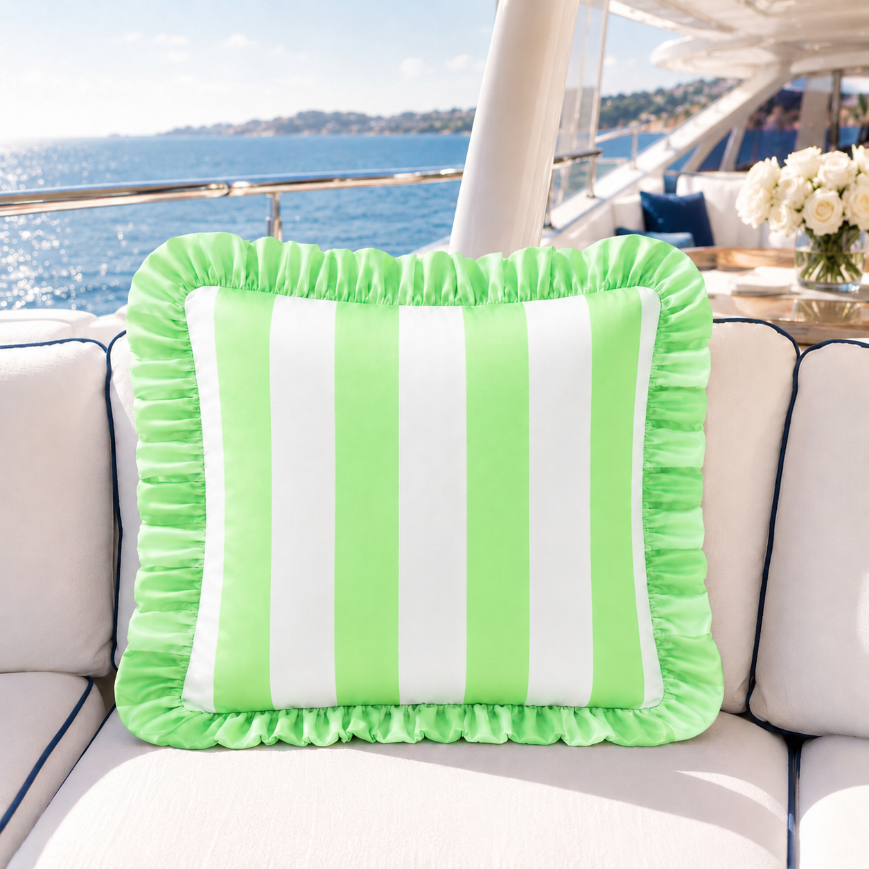 Cuscino Arredo con Rouches Righe Bianco/Salvia