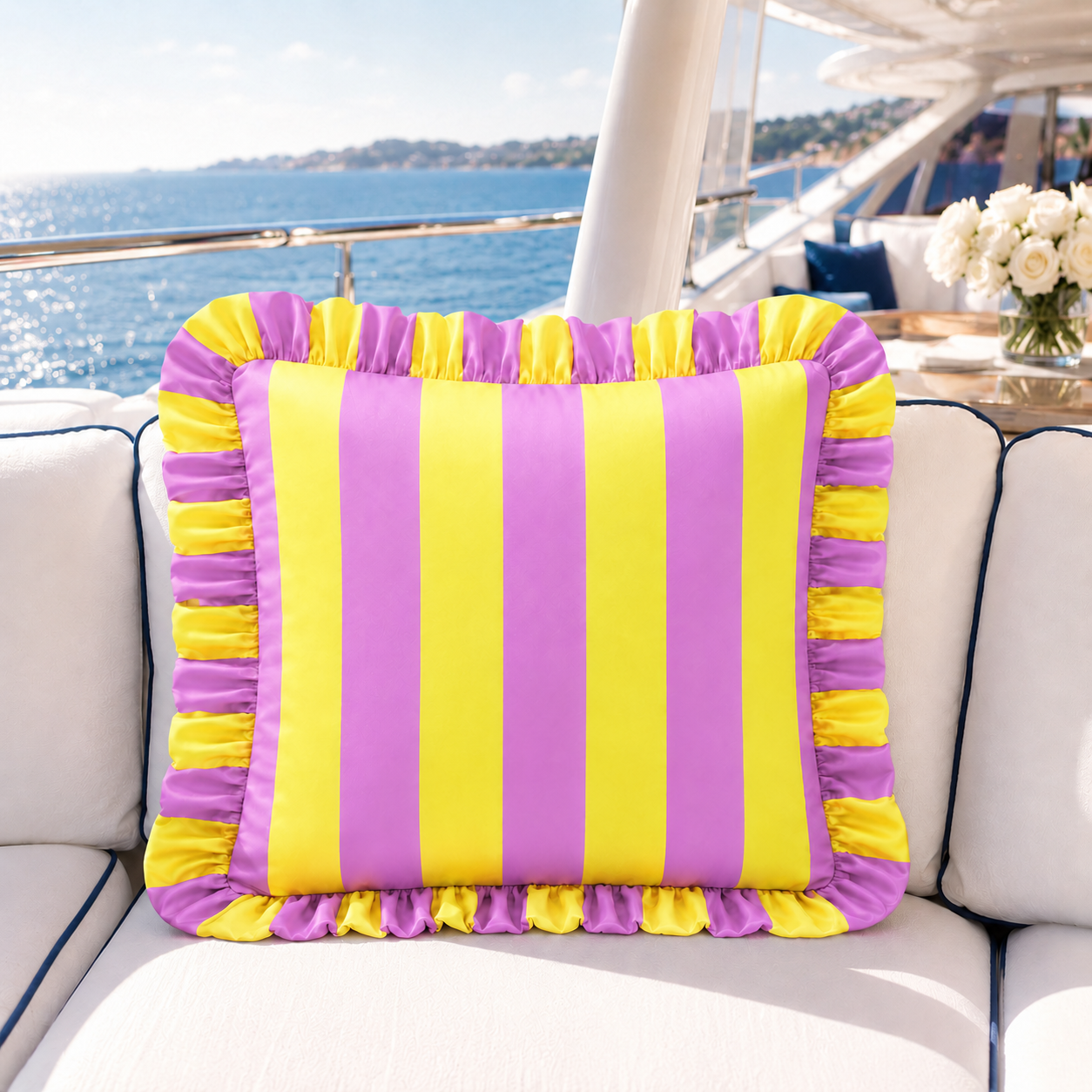 Cuscino Arredo con Rouches Righe Giallo/Lilla