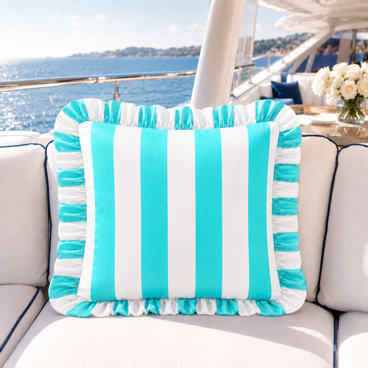 Cuscino Arredo con Rouches Righe Bianco/Tiffany