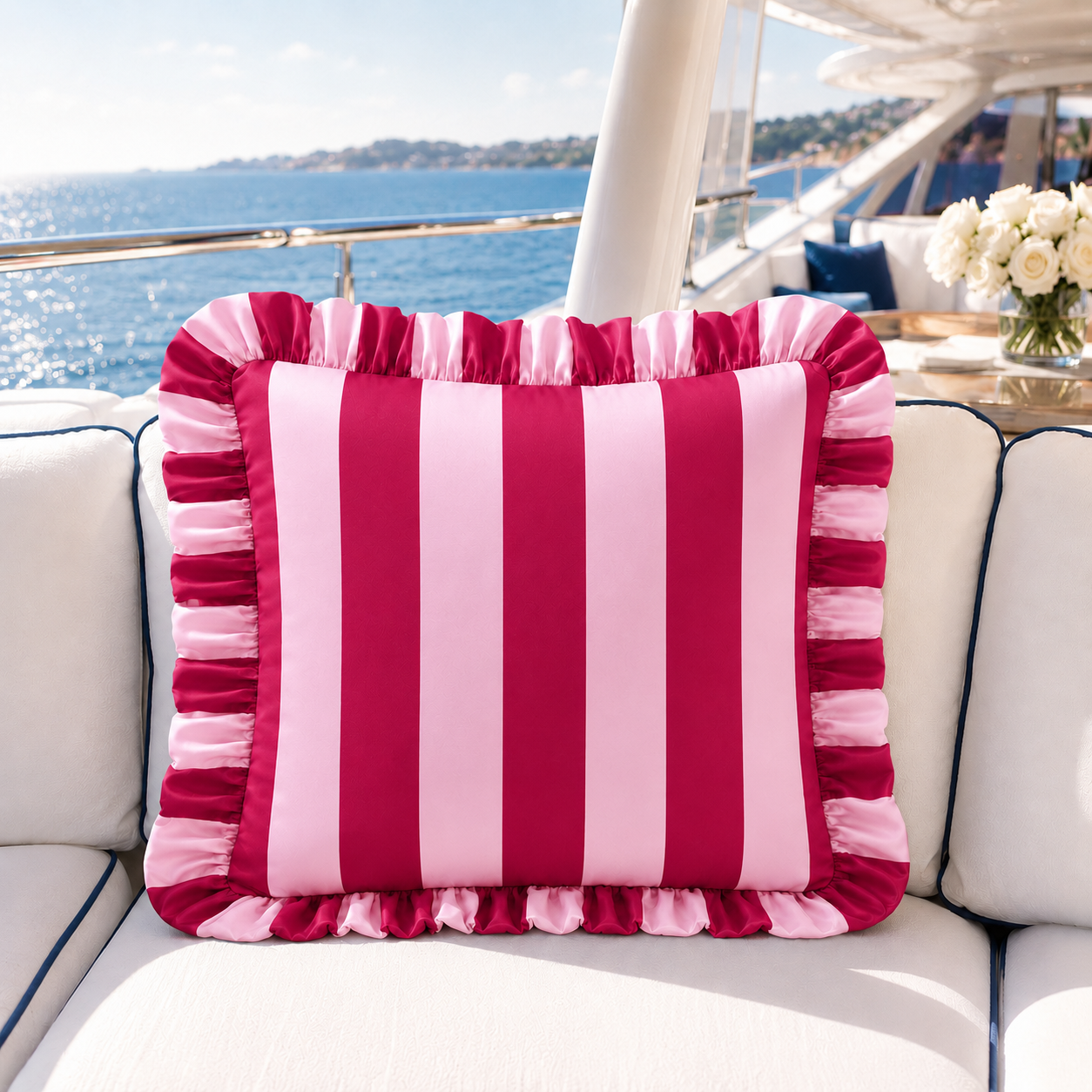 Cuscino Arredo con Rouches Righe Rosa/Bordeaux