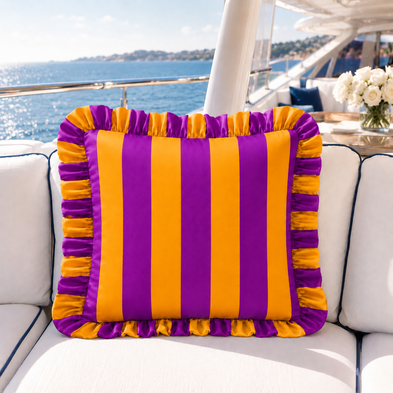 Cuscino Arredo con Rouches Righe Arancione/Prugna