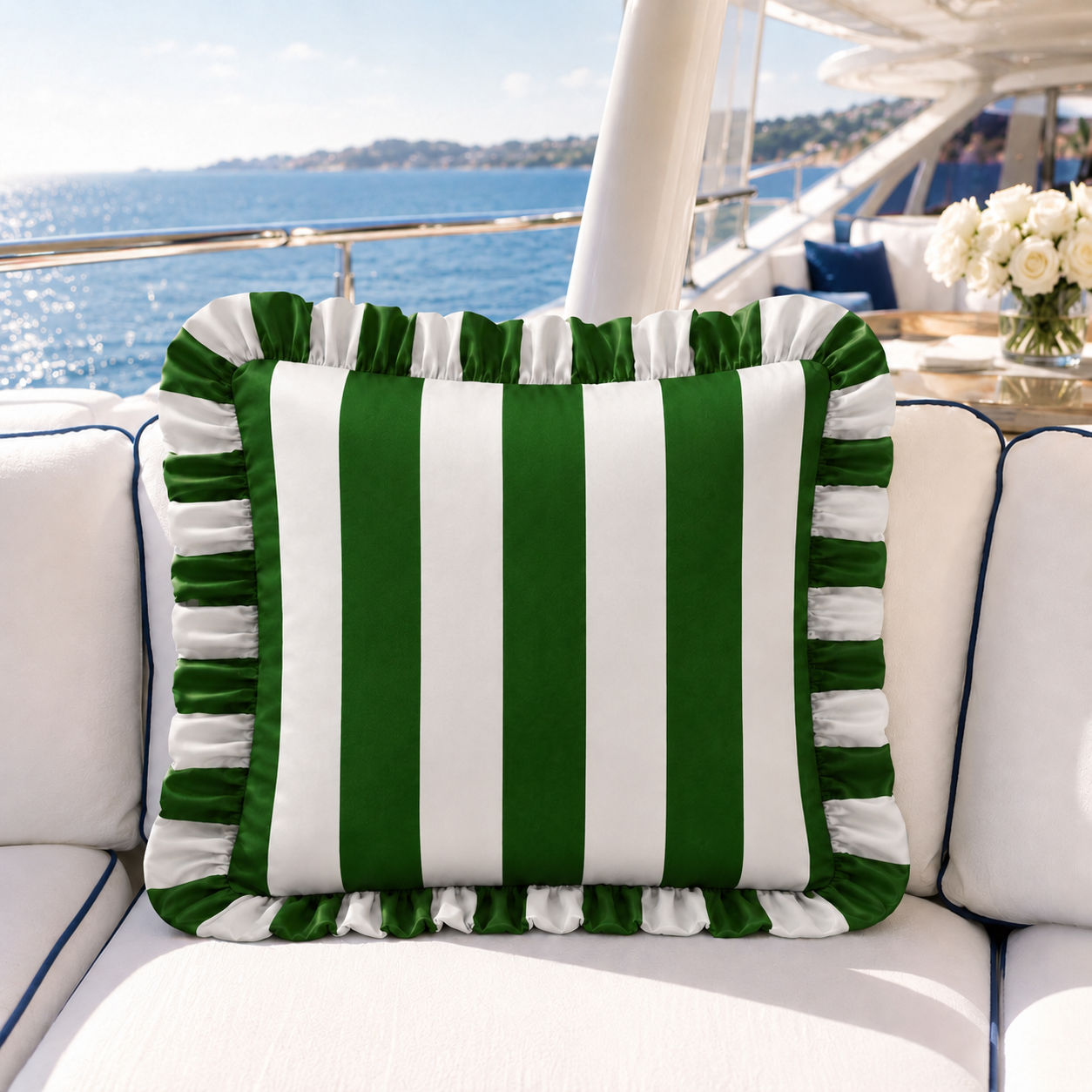 Cuscino Arredo con Rouches Righe Bianco/Verde Scuro