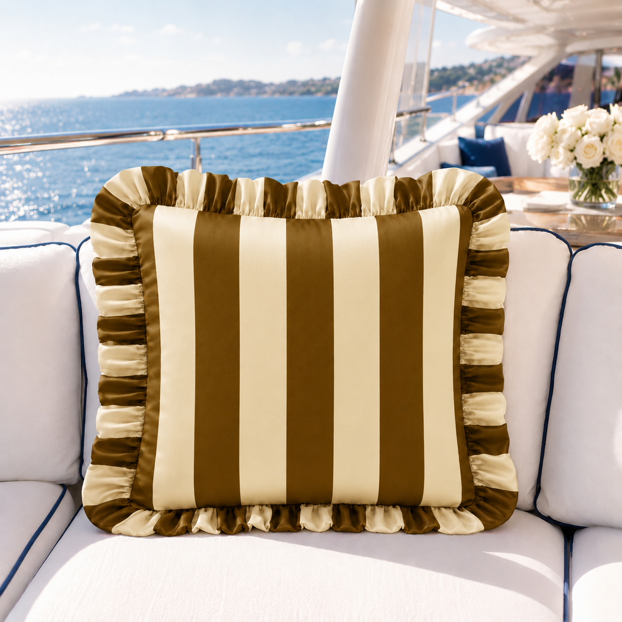 Cuscino Arredo con Rouches Righe Marrone/Beige.