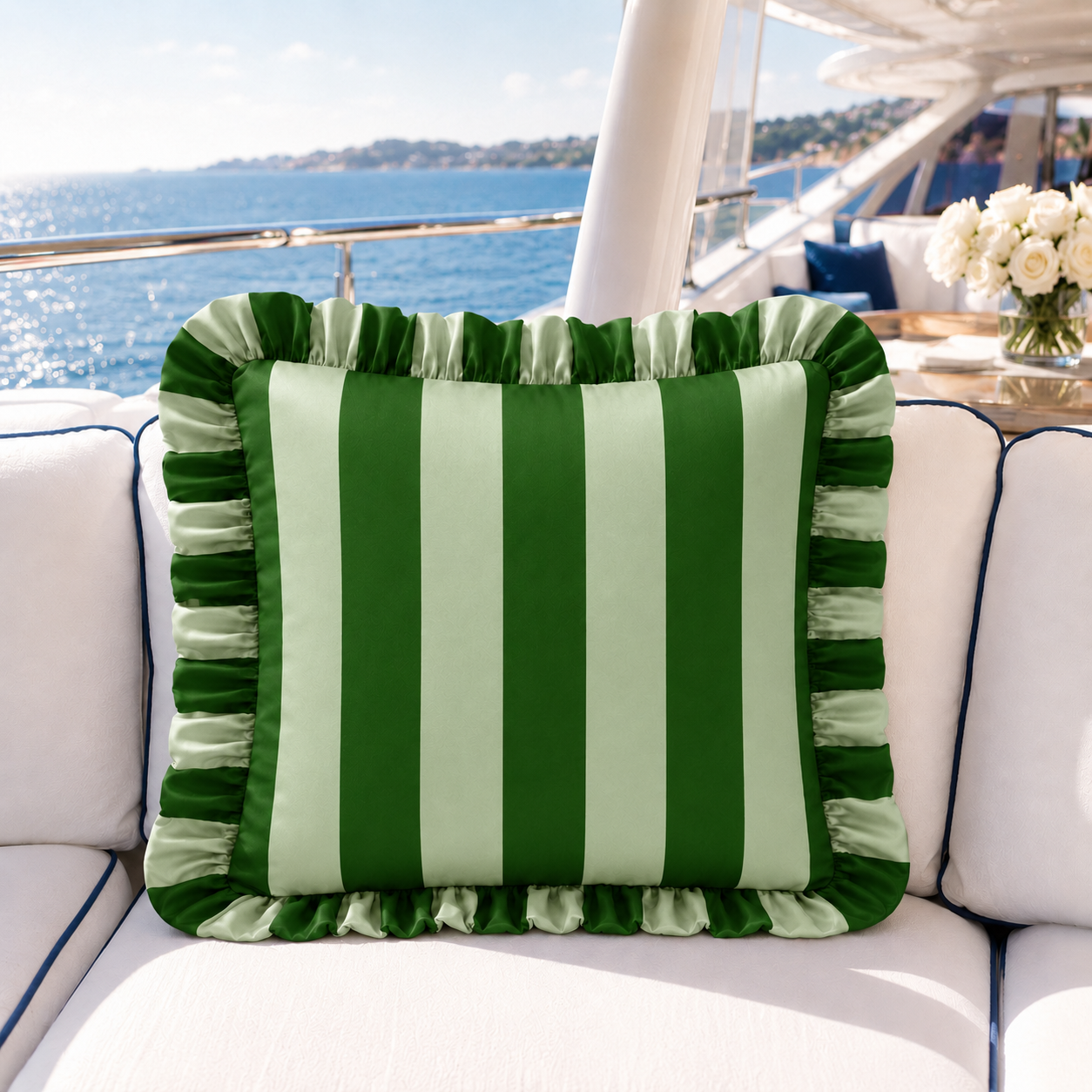 Cuscino Arredo con Rouches Righe Verde Scuro/Salvia