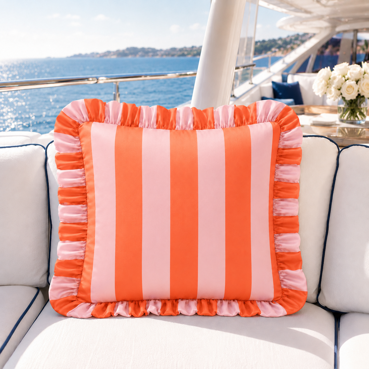 Cuscino Arredo con Rouches Righe Rosa/Arancione
