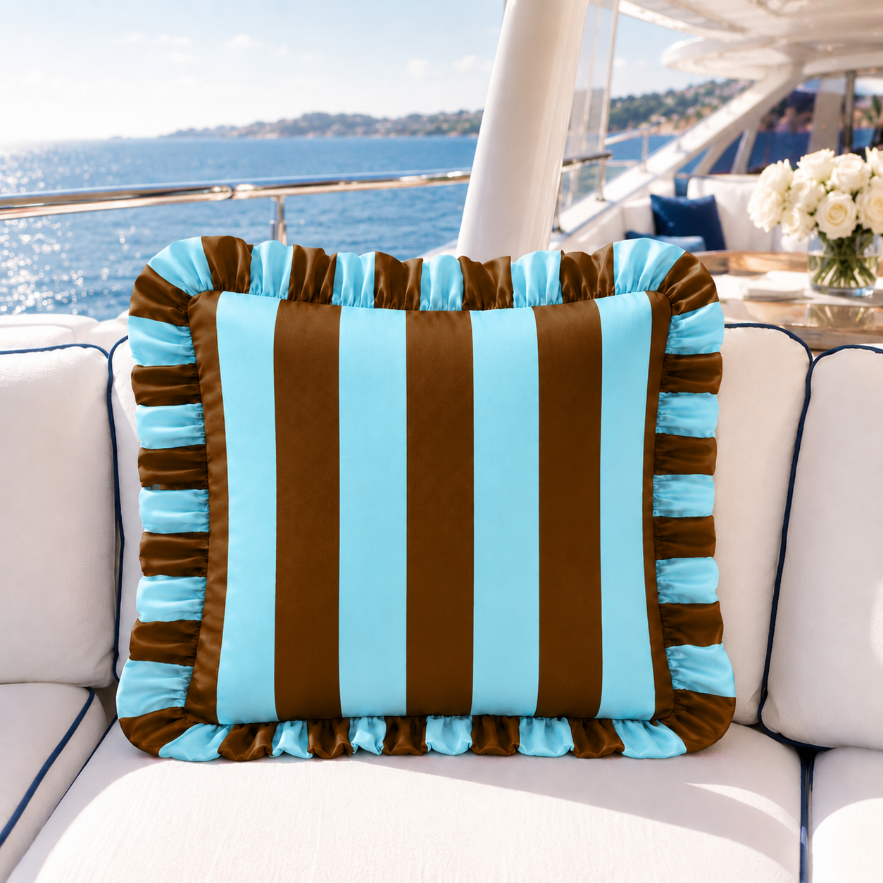 Cuscino Arredo con Rouches Righe Marrone/Celeste