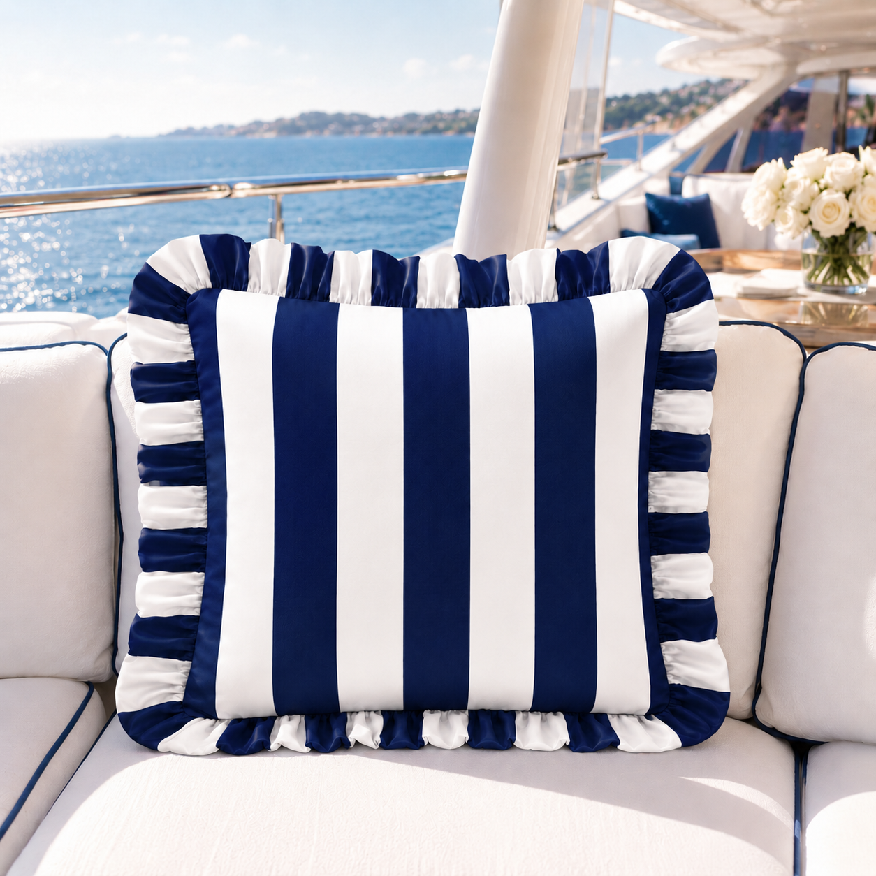 Cuscino Arredo con Rouches Righe Bianco/Blu Notte