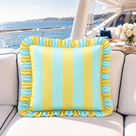Cuscino Arredo con Rouches Righe Giallo Ocra/Celeste