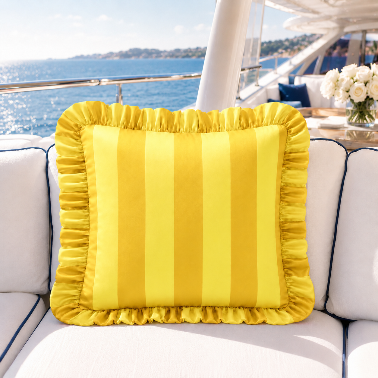 Cuscino Arredo con Rouches Righe Giallo/Giallo Ocra.