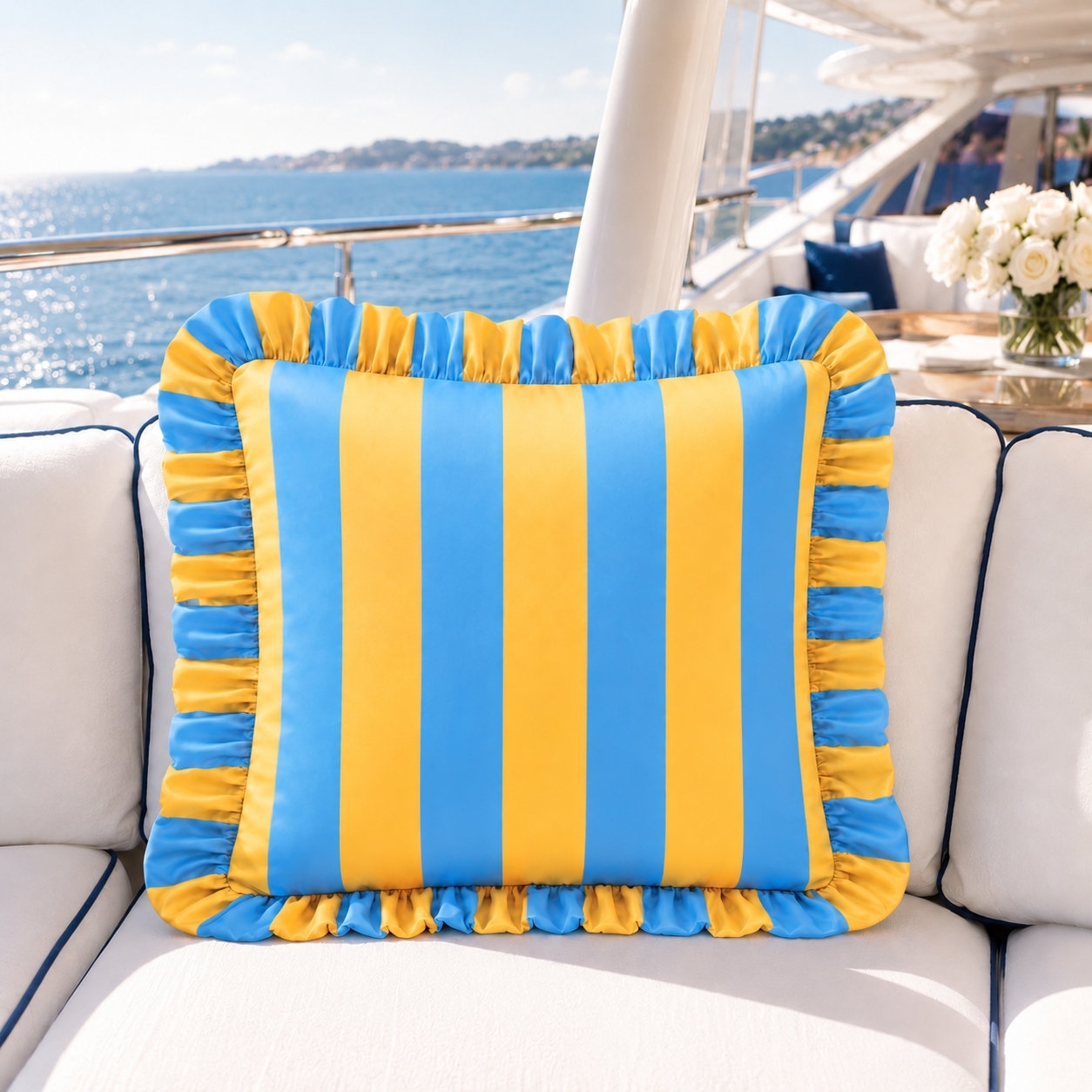 Cuscino Arredo con Rouches Righe Celeste/Giallo.