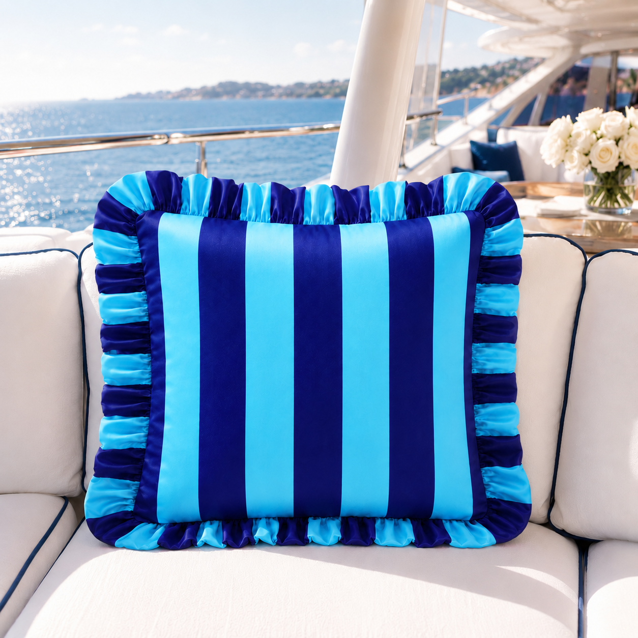 Cuscino Arredo con Rouches Righe Celeste/Blu Elettrico.