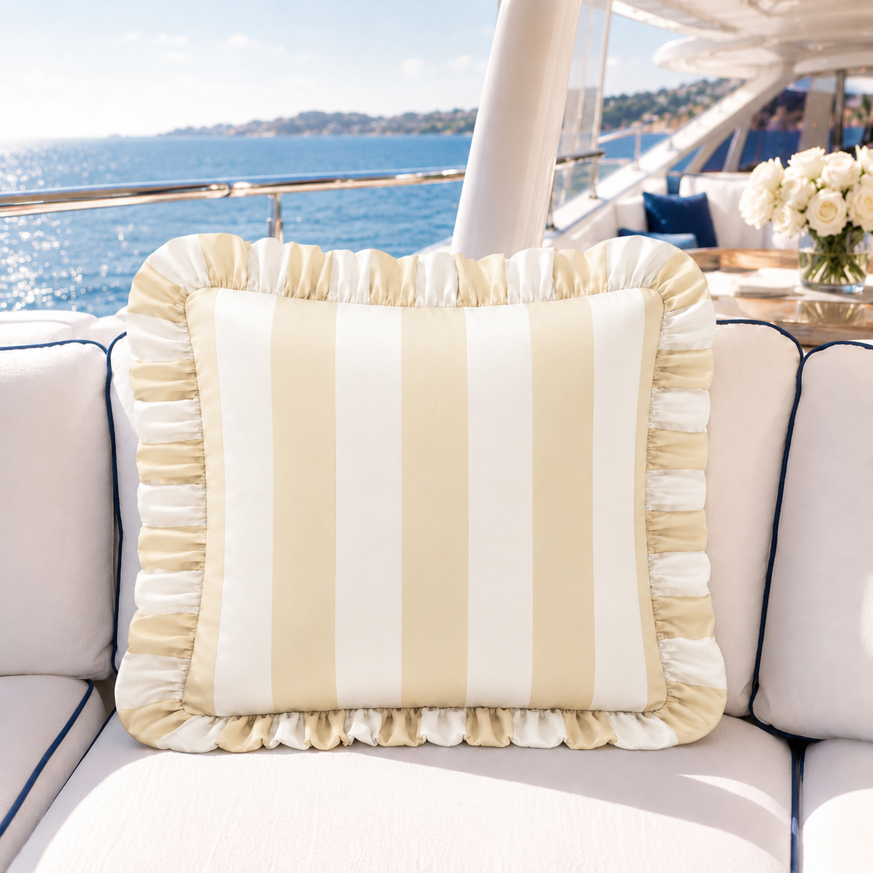 Cuscino Arredo con Rouches Righe Bianco/Beige