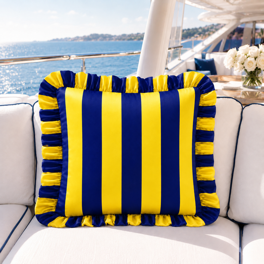 Cuscino Arredo con Rouches Righe Giallo/Blu Elettrico.