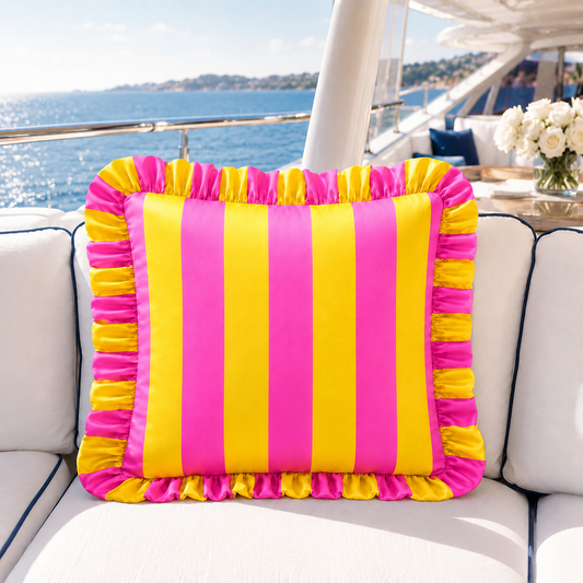 Cuscino Arredo con Rouches Righe Giallo/Fucsia.