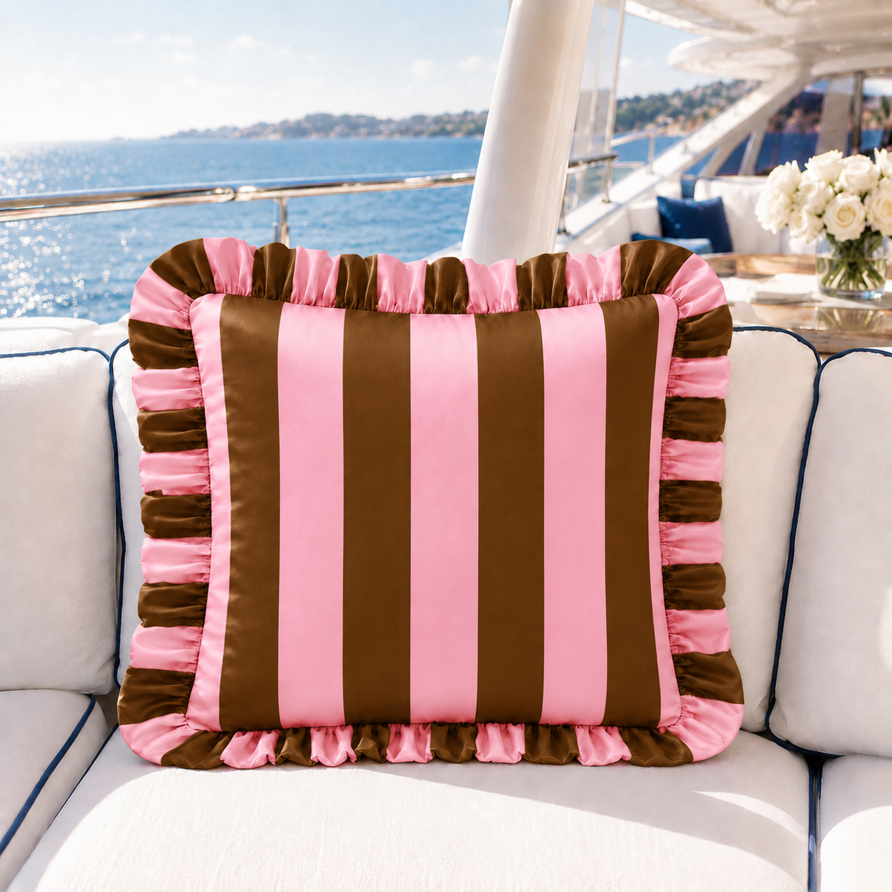 Cuscino Arredo con Rouches Righe Marrone/Rosa
