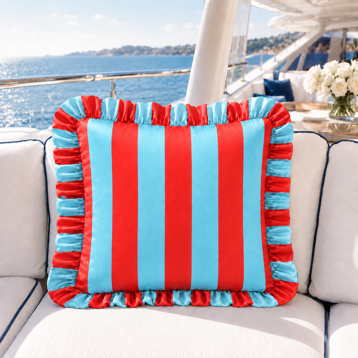 Cuscino Arredo con Rouches Righe Celeste/Rosso