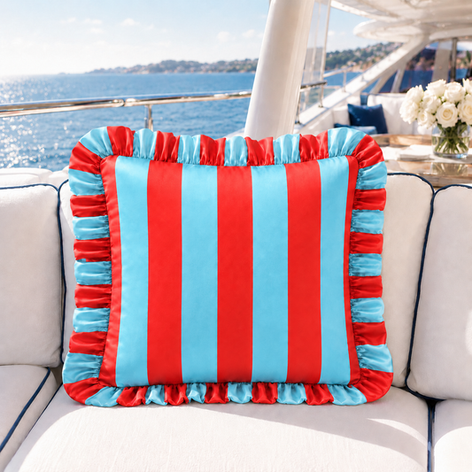 Cuscino Arredo con Rouches Righe Celeste/Rosso